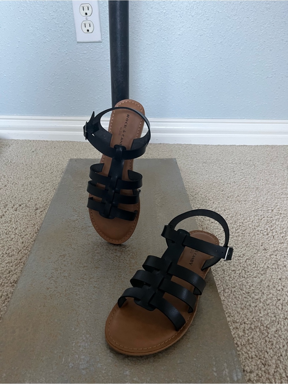 Rock & Candy Black Strappy Sandals with Tan Footbed